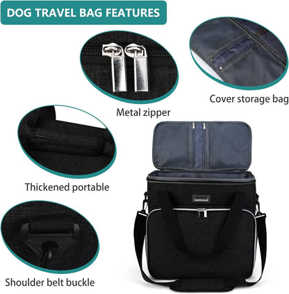 Dog Travel Bag, Pet Travel Bag（All Pet Travel Supplies）, with 2 Pet Food Containers and 2 Collapsible Silicone Bowls; Essential Kits for Pet Travel Black