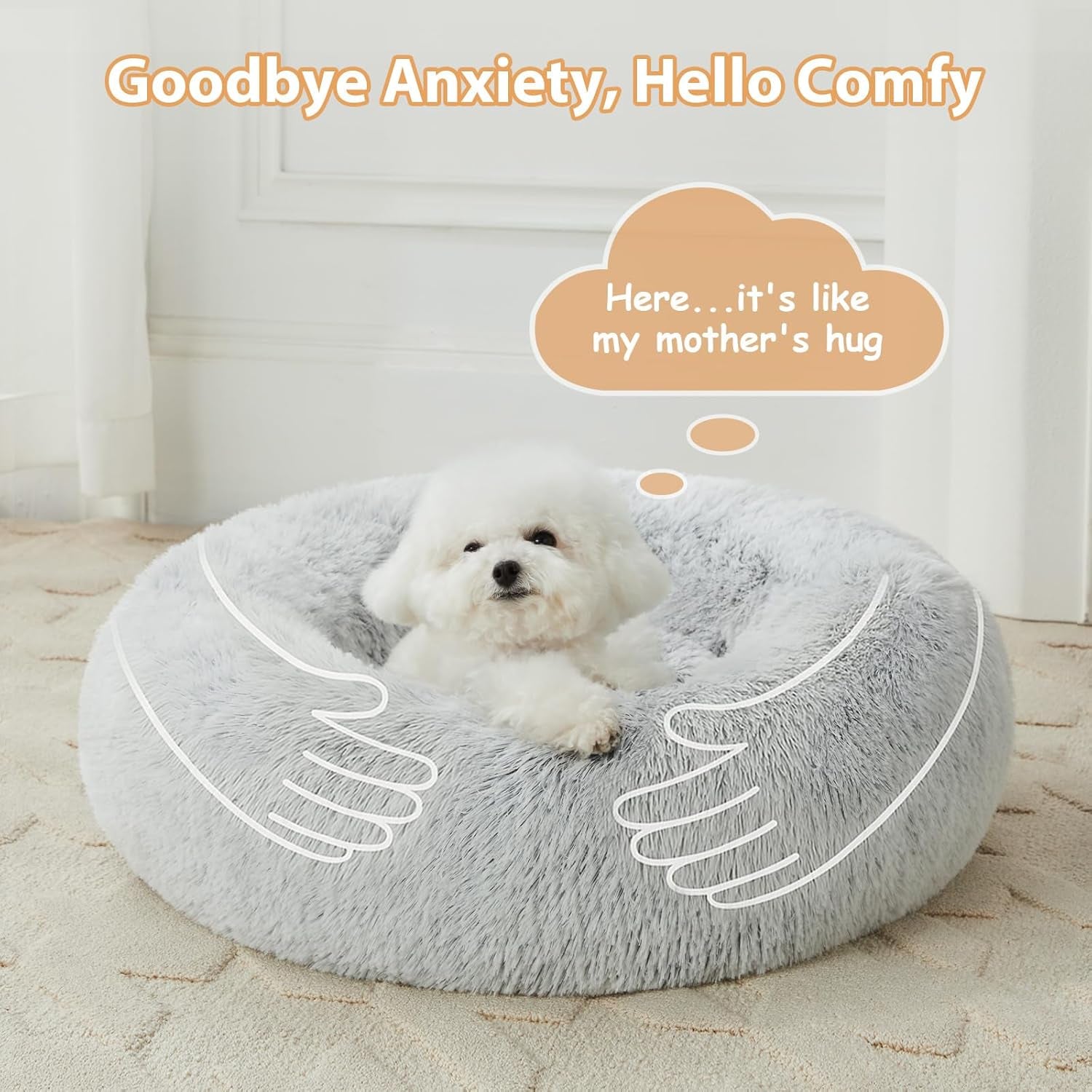 Calming Dog Bed & Cat Bed, Anti-Anxiety Donut Small Dog Bed, Fluffy Faux Fur Cat Cushion Dog Bed for Small Dogs and Cats (24 X 24 Inch, Light Grey)