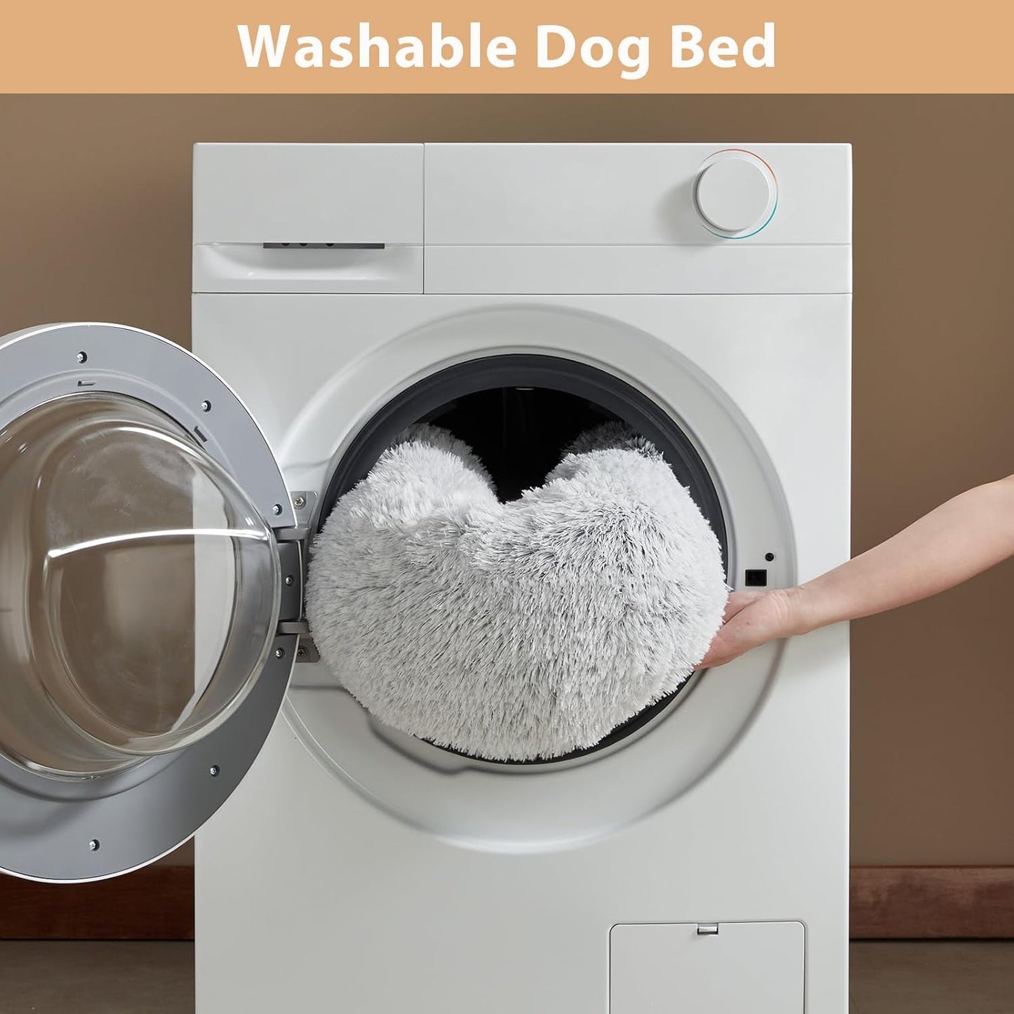 Calming Dog Bed & Cat Bed, Anti-Anxiety Donut Small Dog Bed, Fluffy Faux Fur Cat Cushion Dog Bed for Small Dogs and Cats (24 X 24 Inch, Light Grey)