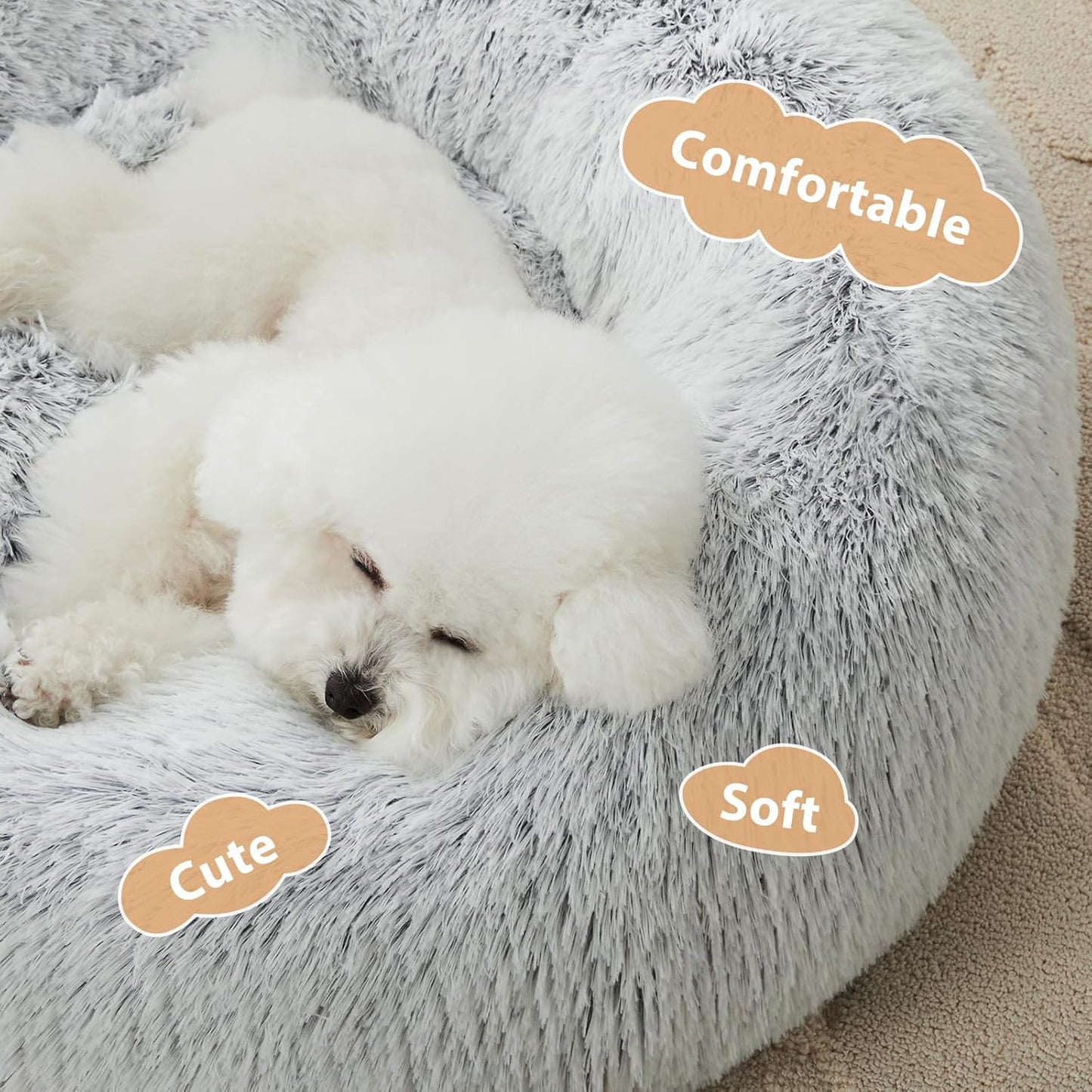 Calming Dog Bed & Cat Bed, Anti-Anxiety Donut Small Dog Bed, Fluffy Faux Fur Cat Cushion Dog Bed for Small Dogs and Cats (24 X 24 Inch, Light Grey)