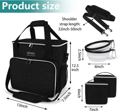 Dog Travel Bag, Pet Travel Bag（All Pet Travel Supplies）, with 2 Pet Food Containers and 2 Collapsible Silicone Bowls; Essential Kits for Pet Travel Black