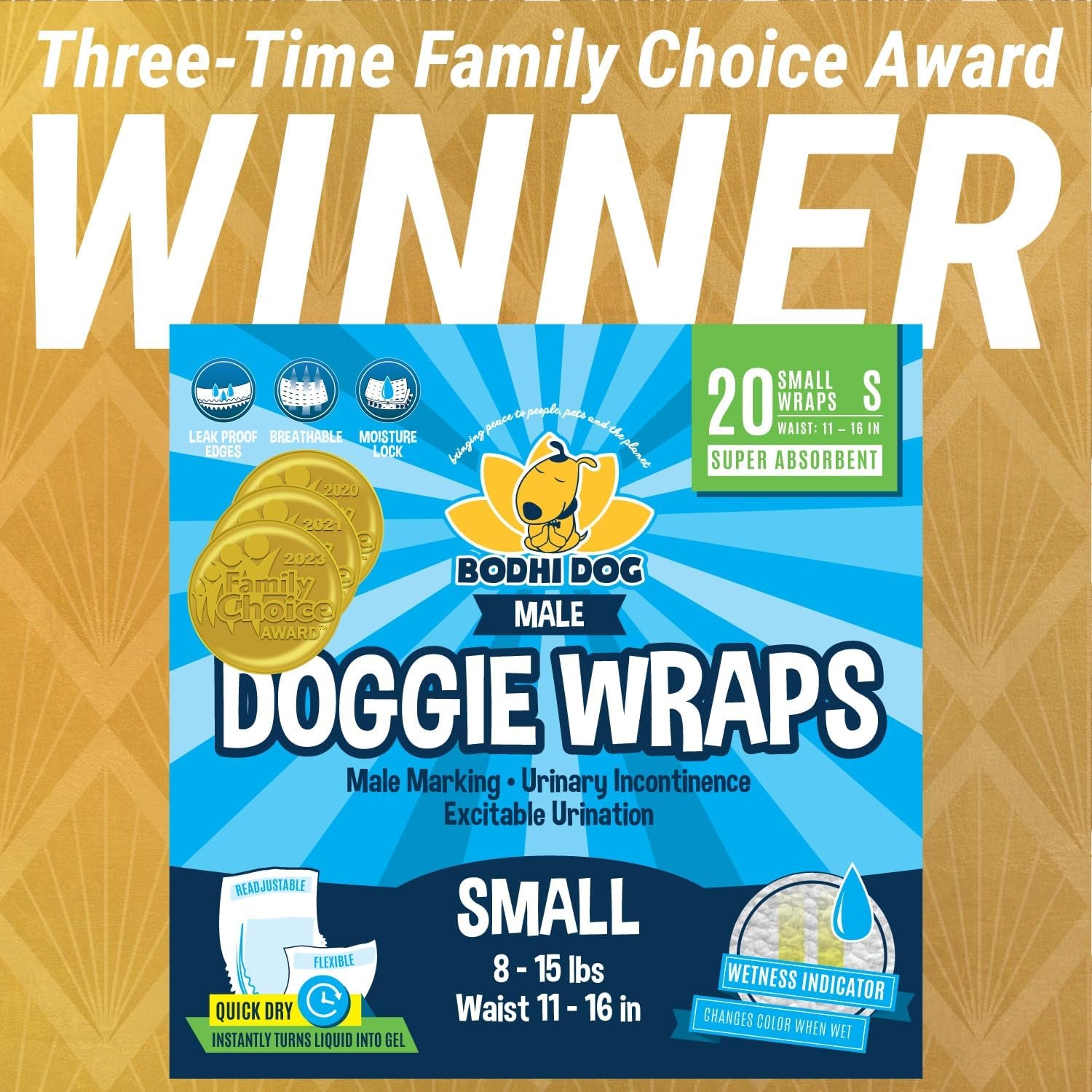 Disposable Male Dog Diapers | Super Absorbent Leak-Proof Fit | Premium Adjustable Male Dog Pee Wraps with Moisture Control & Wetness Indicator | 20 Count Small Size