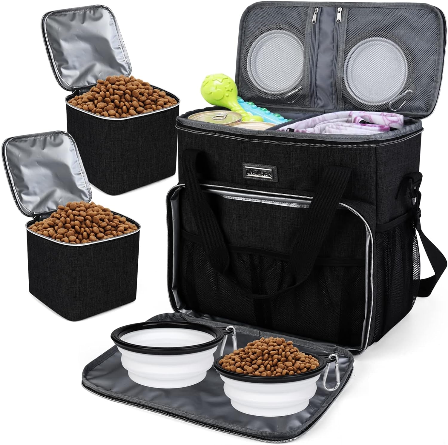 Dog Travel Bag, Pet Travel Bag（All Pet Travel Supplies）, with 2 Pet Food Containers and 2 Collapsible Silicone Bowls; Essential Kits for Pet Travel Black