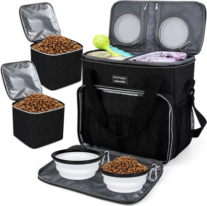 Dog Travel Bag, Pet Travel Bag（All Pet Travel Supplies）, with 2 Pet Food Containers and 2 Collapsible Silicone Bowls; Essential Kits for Pet Travel Black